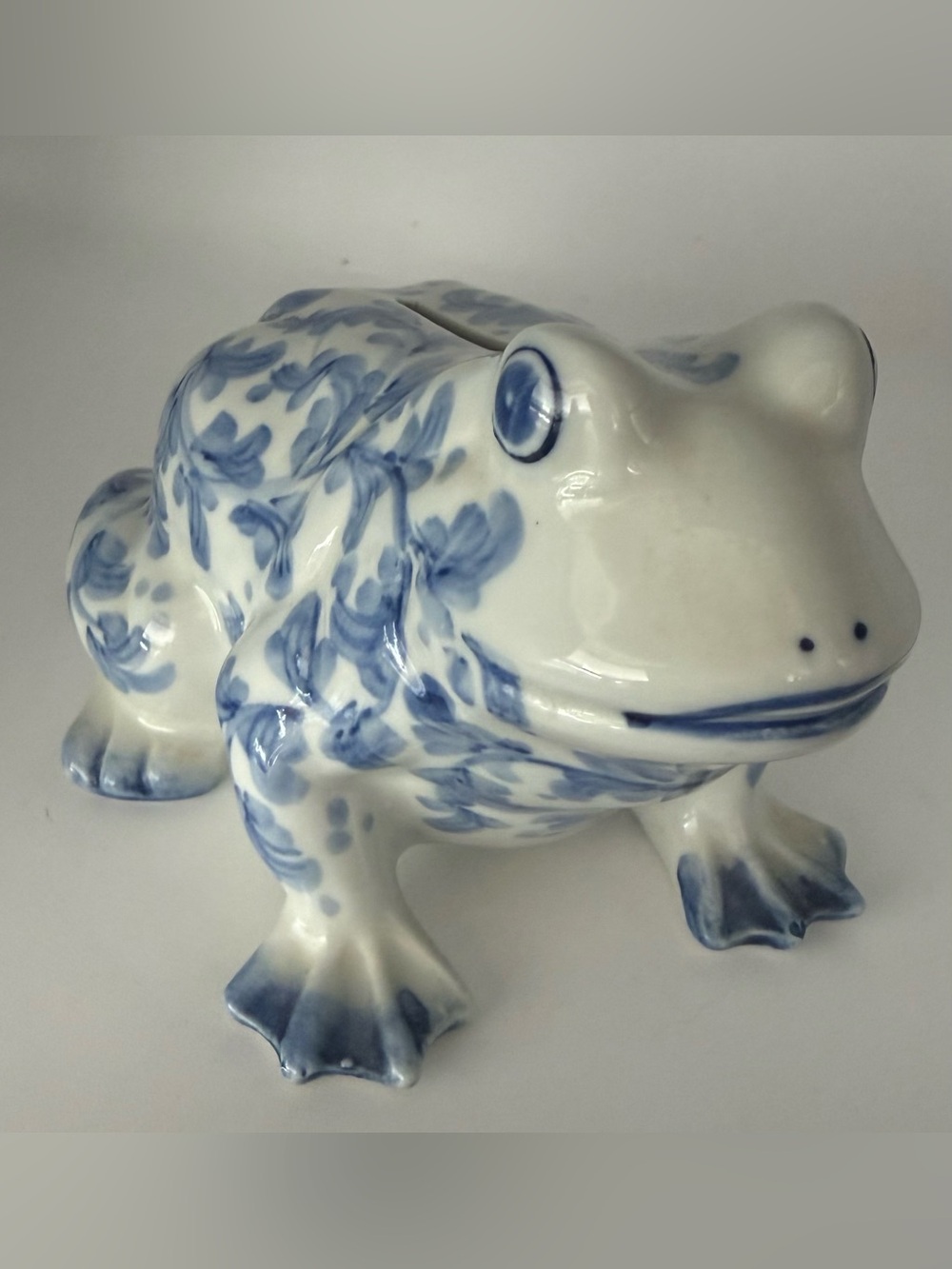 Andrea by Sadek Figurine Frog Bank, Hand Painted Blue and White Porcelain
